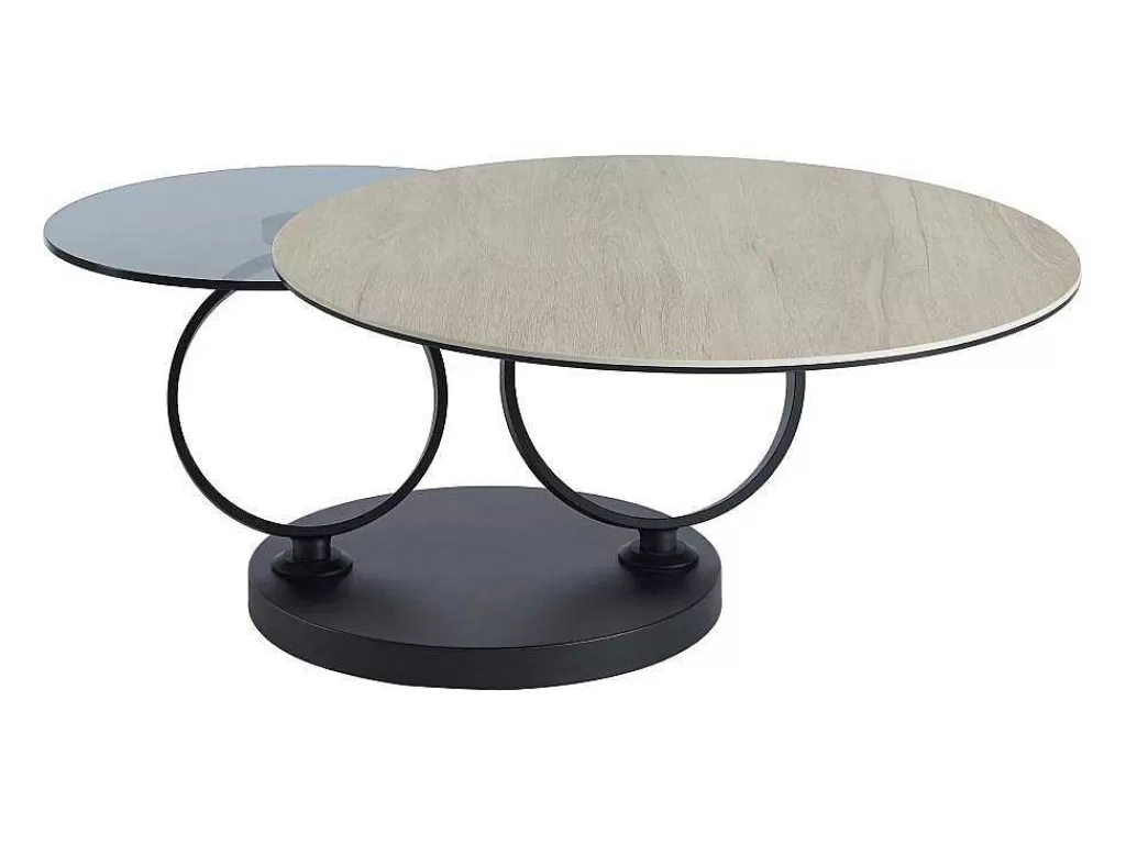 Mesa De Centro*Maison Céphy Mesa De Centro Com Tampos Giratorios, Ceramica, Vidro Temperado Fumado E Metal, Preto E Natural - Joline De Maison Cephy