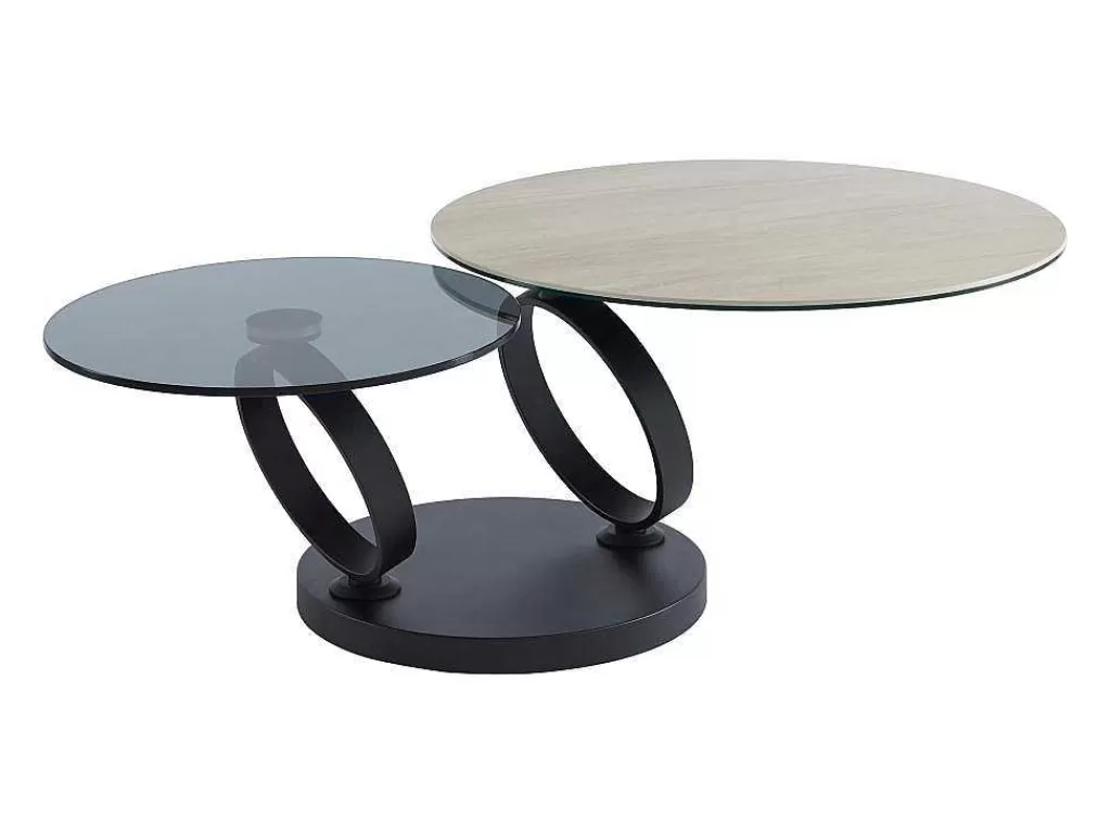Mesa De Centro*Maison Céphy Mesa De Centro Com Tampos Giratorios, Ceramica, Vidro Temperado Fumado E Metal, Preto E Natural - Joline De Maison Cephy