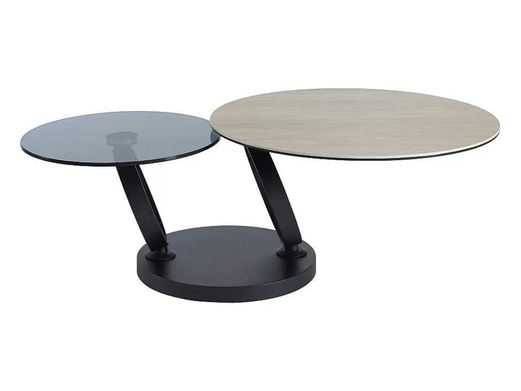 Mesa De Centro*Maison Céphy Mesa De Centro Com Tampos Giratorios, Ceramica, Vidro Temperado Fumado E Metal, Preto E Natural - Joline De Maison Cephy