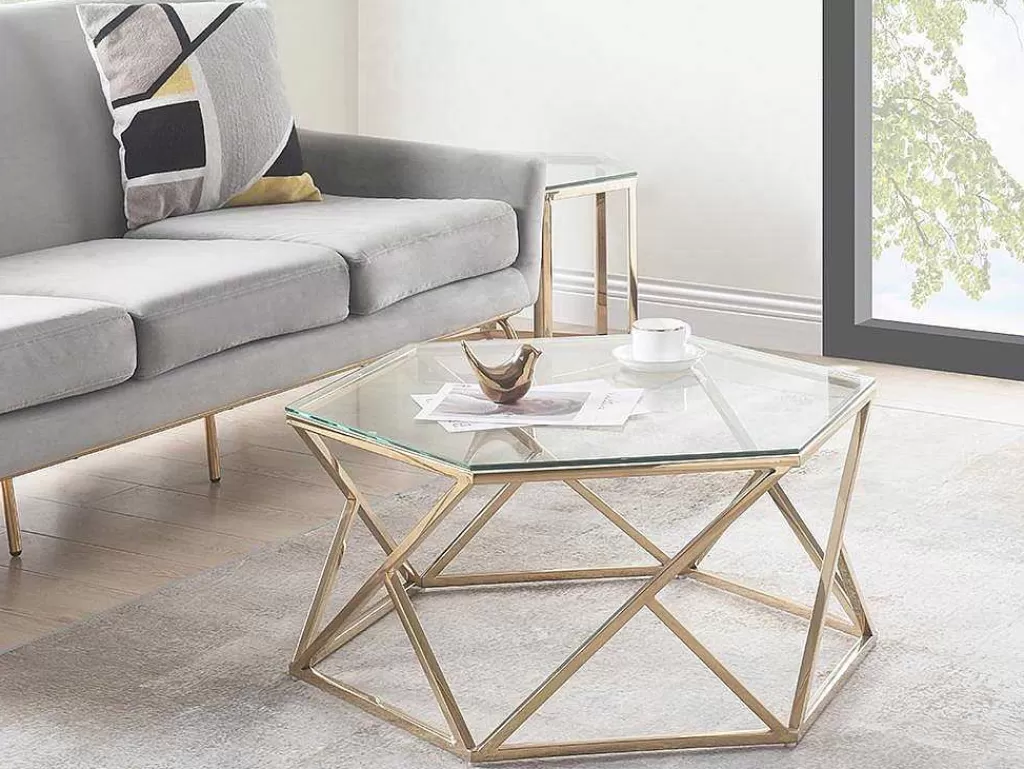 Mesa De Centro*PASCAL MORABITO Mesa De Centro Em Vidro Temperado E Aco Inoxidavel Cor Dourado - Keriane De