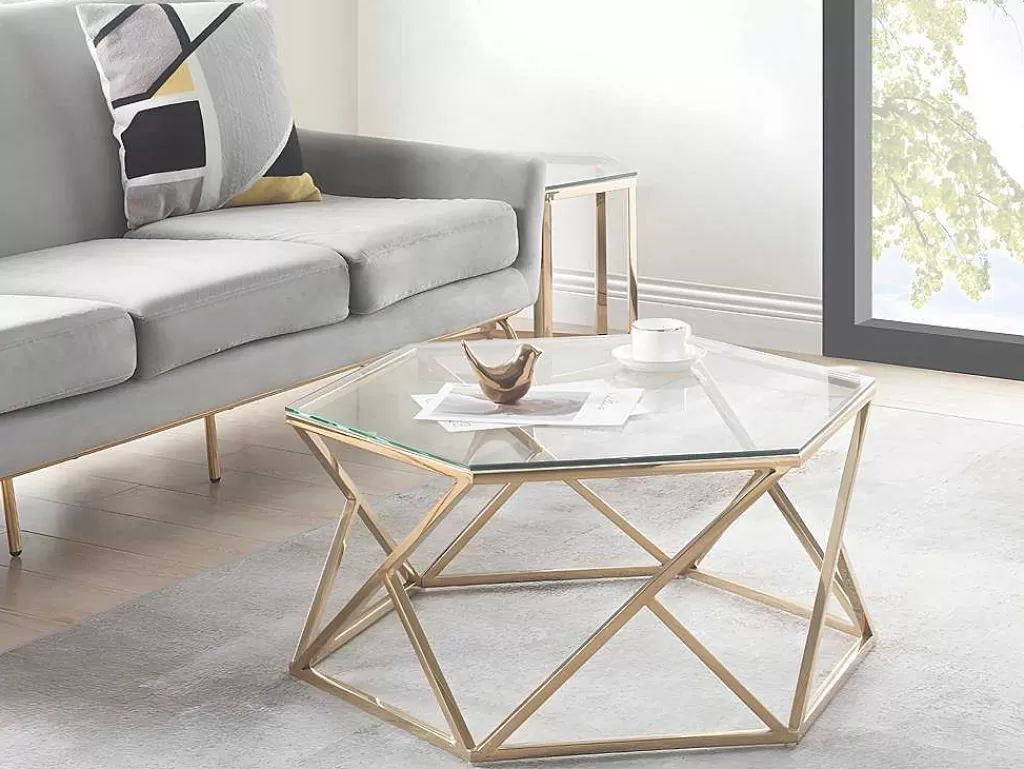 Mesa De Centro*PASCAL MORABITO Mesa De Centro Em Vidro Temperado E Aco Inoxidavel Cor Dourado - Keriane De