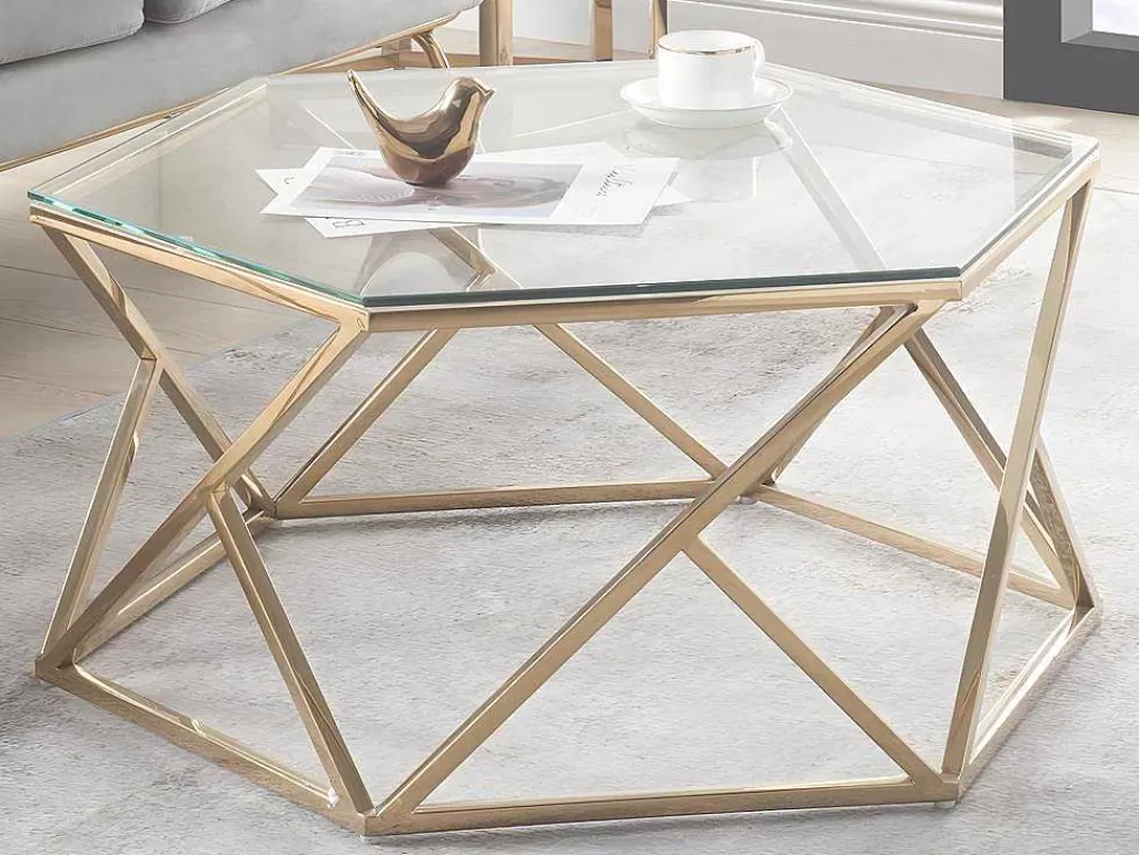 Mesa De Centro*PASCAL MORABITO Mesa De Centro Em Vidro Temperado E Aco Inoxidavel Cor Dourado - Keriane De