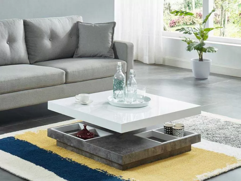 Mesa De Centro*Vente-unique Mesa De Centro Fausto - Tampo Giratorio - Mdf Lacado Branco & Betao