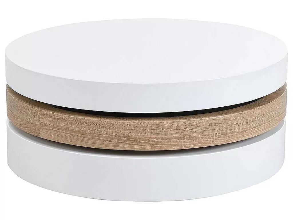 Mesa De Centro*Vente-unique Mesa De Centro Giratoria Redonda Em Mdf Cor Branco E Carvalho - Janita