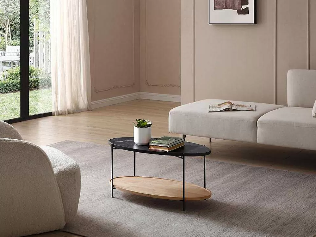 Promoções Sala*Vente-unique Mesa De Centro Tampo Duplo Em Ceramica E Madeira De Hevea, Efeito Marmore Preto E Natural - Fudila