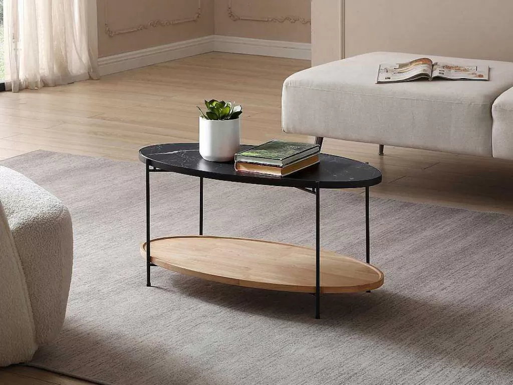 Promoções Sala*Vente-unique Mesa De Centro Tampo Duplo Em Ceramica E Madeira De Hevea, Efeito Marmore Preto E Natural - Fudila