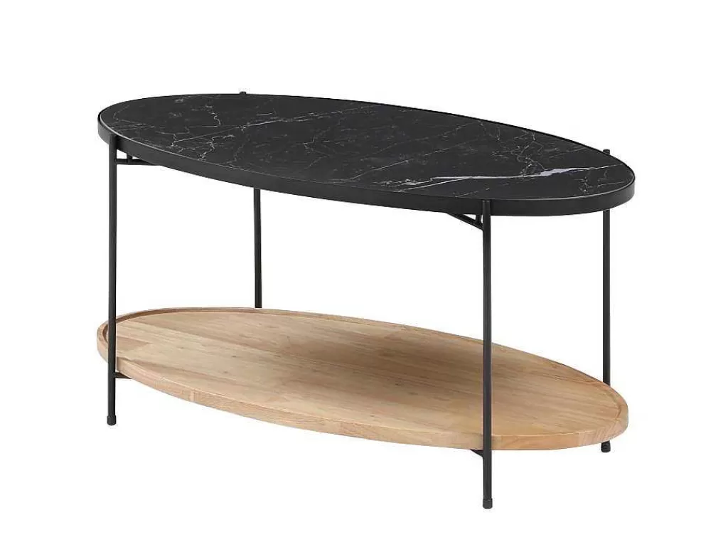 Promoções Sala*Vente-unique Mesa De Centro Tampo Duplo Em Ceramica E Madeira De Hevea, Efeito Marmore Preto E Natural - Fudila