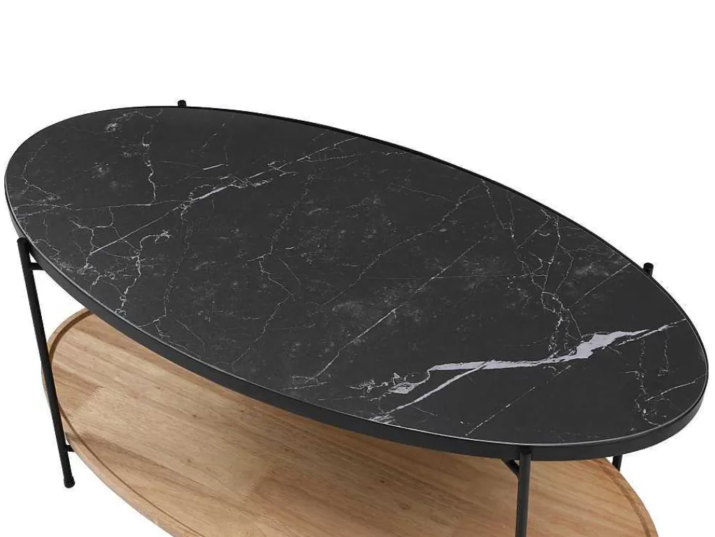 Promoções Sala*Vente-unique Mesa De Centro Tampo Duplo Em Ceramica E Madeira De Hevea, Efeito Marmore Preto E Natural - Fudila