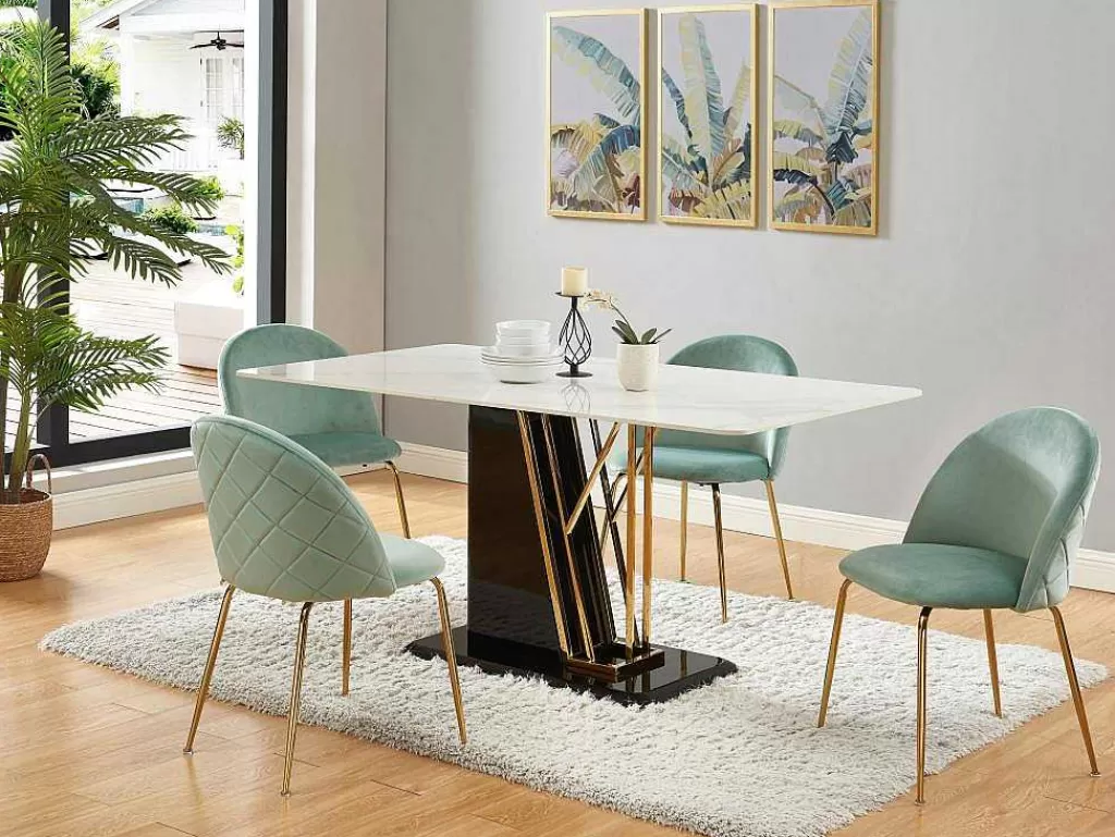 Mesa De Jantar*Vente-unique Mesa De Jantar 6 Lugares Em Ceramica E Mdf Efeito Marmore Branco, Dourado E Lacado A Preto - Ballarat