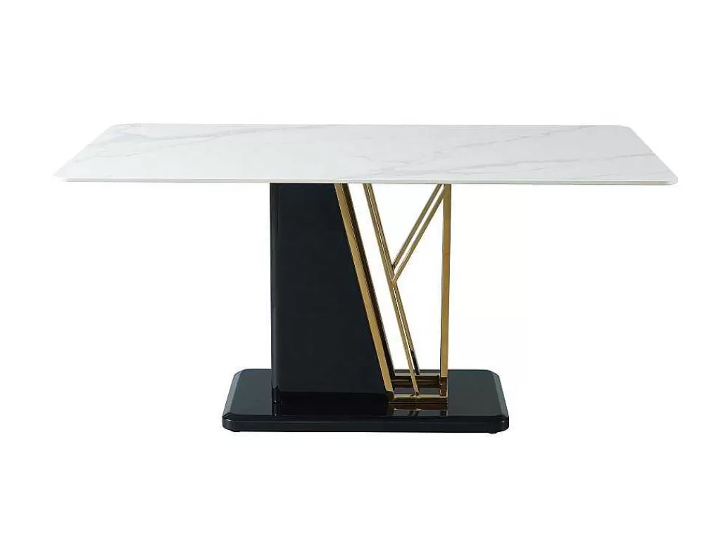 Mesa De Jantar*Vente-unique Mesa De Jantar 6 Lugares Em Ceramica E Mdf Efeito Marmore Branco, Dourado E Lacado A Preto - Ballarat