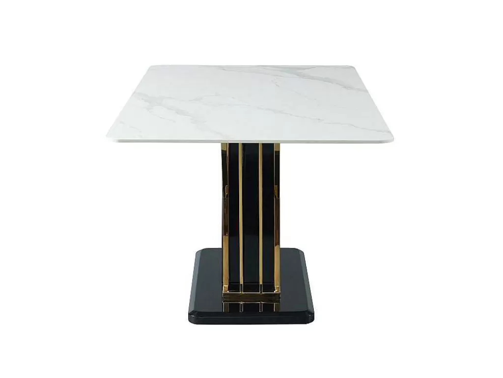 Mesa De Jantar*Vente-unique Mesa De Jantar 6 Lugares Em Ceramica E Mdf Efeito Marmore Branco, Dourado E Lacado A Preto - Ballarat