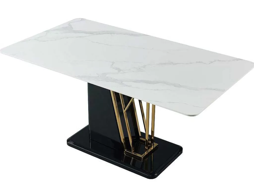 Mesa De Jantar*Vente-unique Mesa De Jantar 6 Lugares Em Ceramica E Mdf Efeito Marmore Branco, Dourado E Lacado A Preto - Ballarat