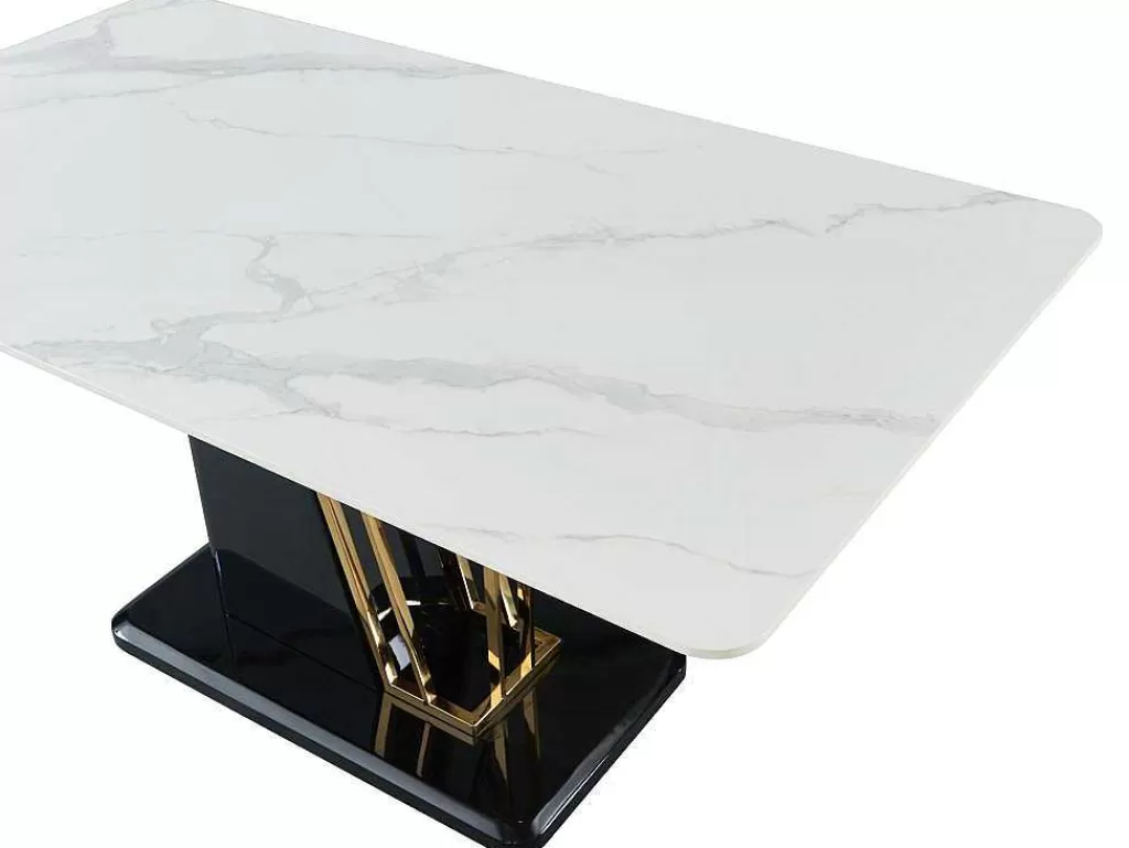 Mesa De Jantar*Vente-unique Mesa De Jantar 6 Lugares Em Ceramica E Mdf Efeito Marmore Branco, Dourado E Lacado A Preto - Ballarat