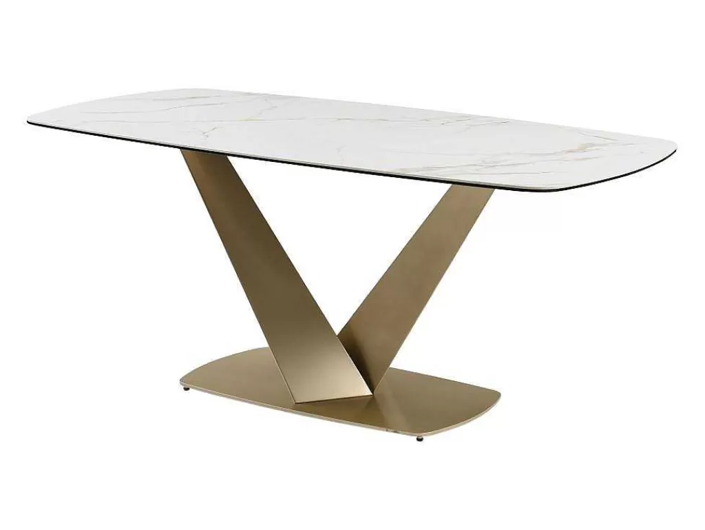 Mesa De Jantar*PASCAL MORABITO Mesa De Jantar De 6 Lugares Em Ceramica E Metal Efeito Marmore Branco E Dourado - Porelima De