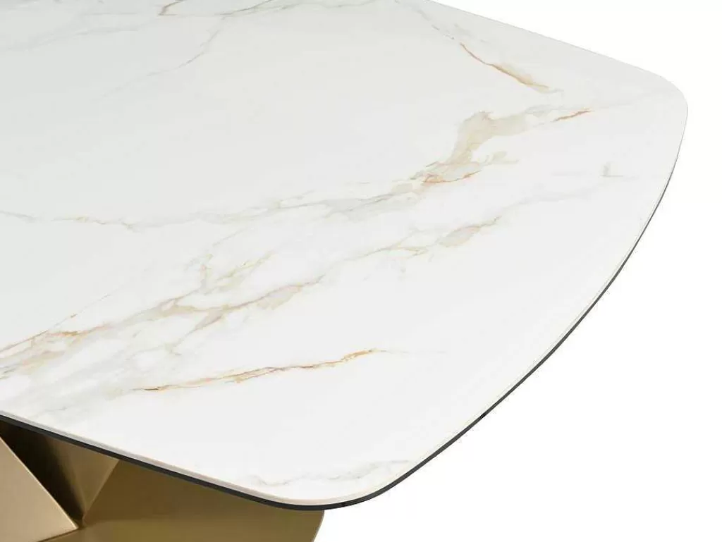 Mesa De Jantar*PASCAL MORABITO Mesa De Jantar De 6 Lugares Em Ceramica E Metal Efeito Marmore Branco E Dourado - Porelima De