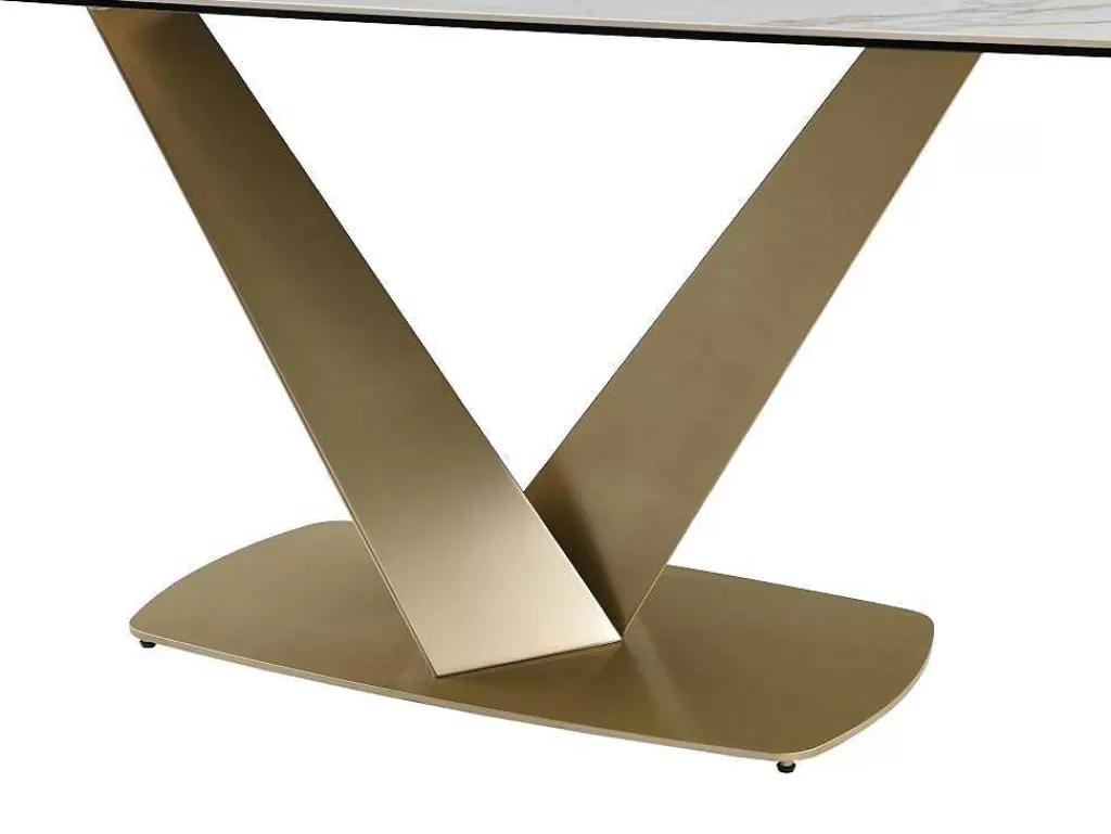 Mesa De Jantar*PASCAL MORABITO Mesa De Jantar De 6 Lugares Em Ceramica E Metal Efeito Marmore Branco E Dourado - Porelima De