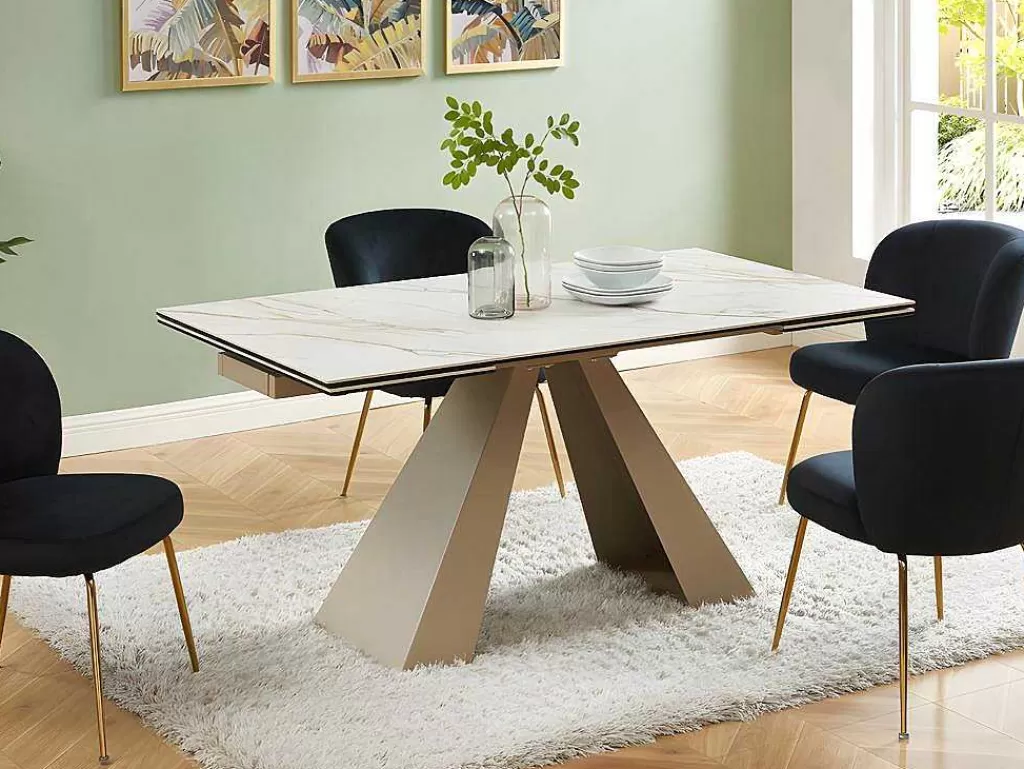 Mesa De Jantar*PASCAL MORABITO Mesa De Jantar Extensivel 6 A 10 Lugares Em Ceramica E Metal, Efeito Marmore Branco E Bege - Lozipa De