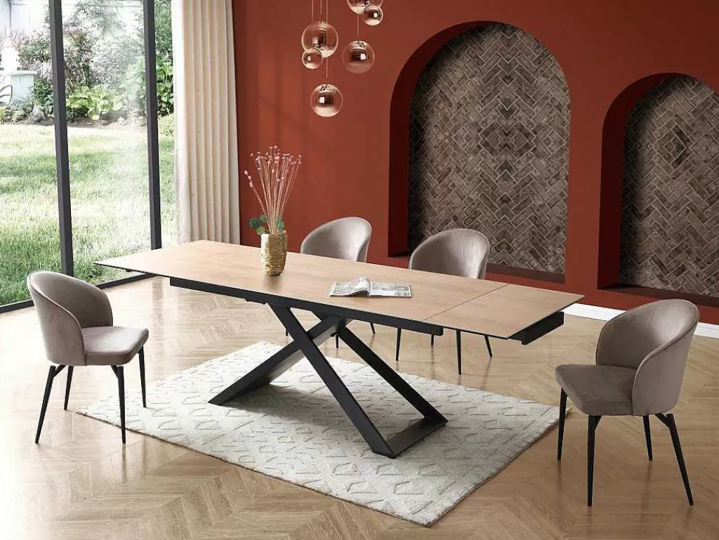 Mesa De Jantar*PASCAL MORABITO Mesa De Jantar Extensivel 6 A 10 Lugares Em Ceramica, Vidro Temperado E Metal Natural Claro E Preto - Xerena De