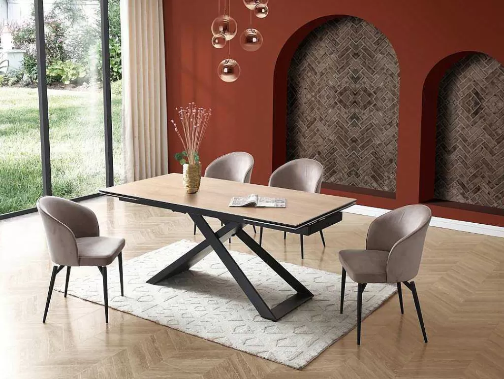 Mesa De Jantar*PASCAL MORABITO Mesa De Jantar Extensivel 6 A 10 Lugares Em Ceramica, Vidro Temperado E Metal Natural Claro E Preto - Xerena De