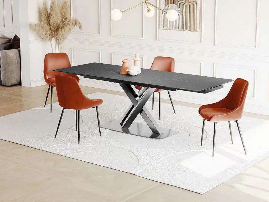 Mesa De Jantar*Vente-unique Mesa De Jantar Extensivel 6 A 8 Lugares Em Ceramica E Metal Efeito Marmore Preto - Thylia