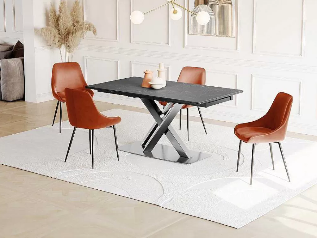 Mesa De Jantar*Vente-unique Mesa De Jantar Extensivel 6 A 8 Lugares Em Ceramica E Metal Efeito Marmore Preto - Thylia