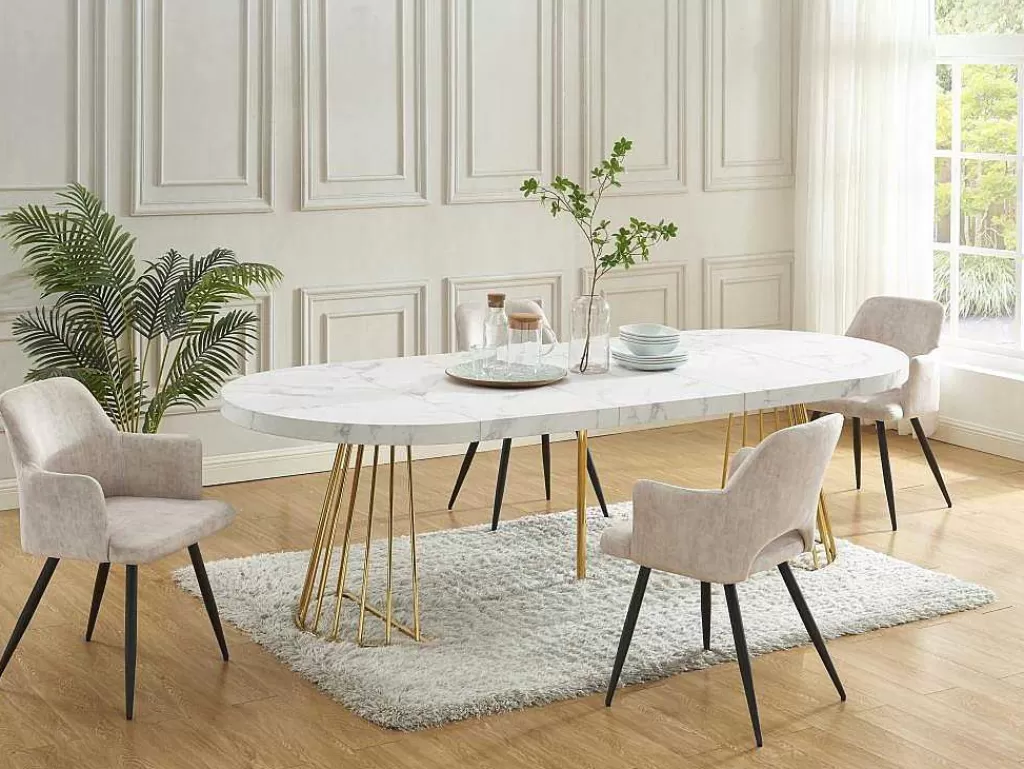 Mesa De Jantar*Vente-unique Mesa De Jantar Extensivel De 2 A 12 Lugares Em Mdf E Aco Efeito Marmore Branco E Dourado - Firela