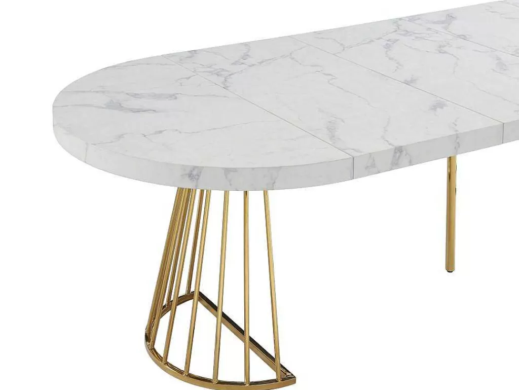 Mesa De Jantar*Vente-unique Mesa De Jantar Extensivel De 2 A 12 Lugares Em Mdf E Aco Efeito Marmore Branco E Dourado - Firela