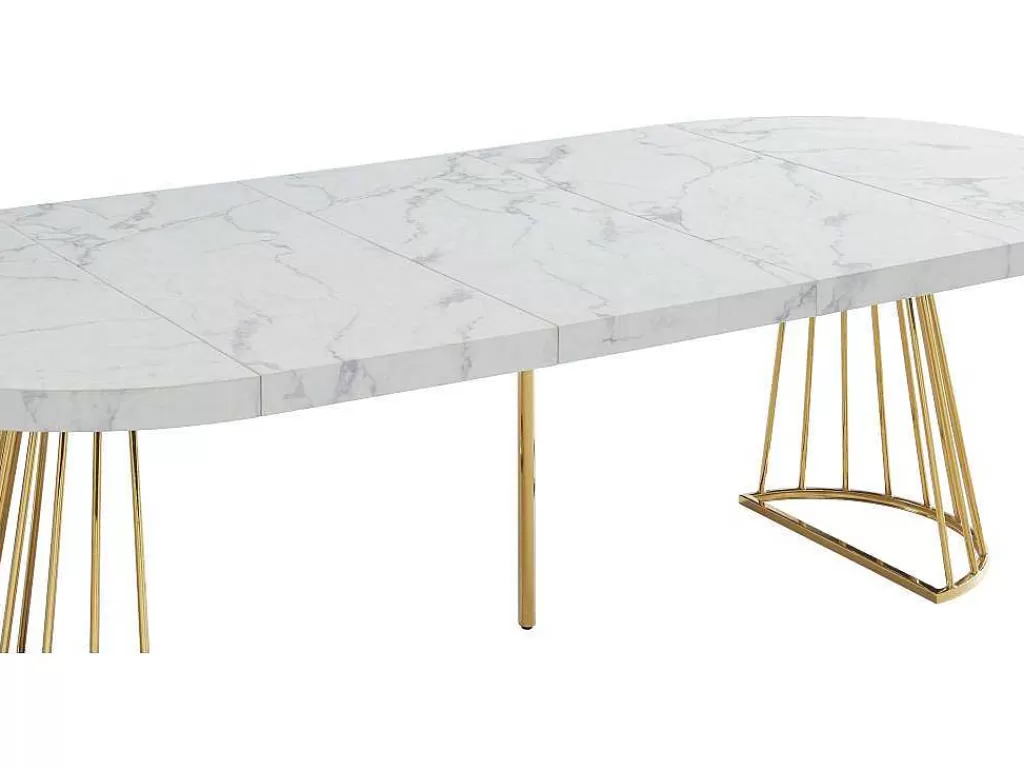 Mesa De Jantar*Vente-unique Mesa De Jantar Extensivel De 2 A 12 Lugares Em Mdf E Aco Efeito Marmore Branco E Dourado - Firela