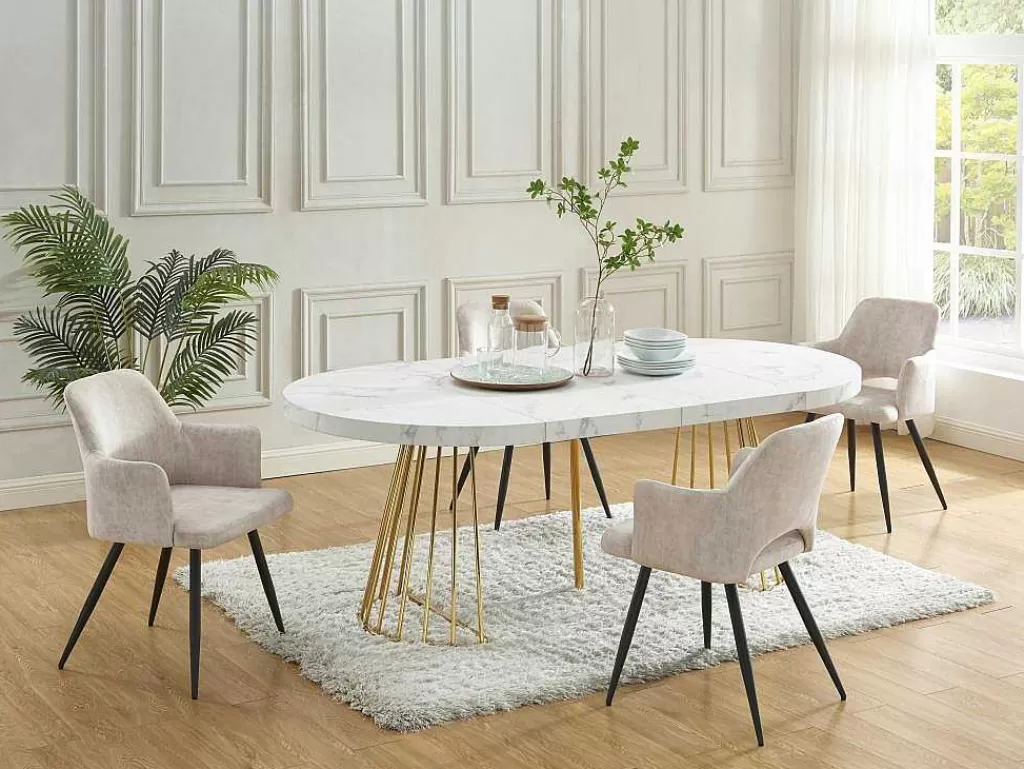Mesa De Jantar*Vente-unique Mesa De Jantar Extensivel De 2 A 12 Lugares Em Mdf E Aco Efeito Marmore Branco E Dourado - Firela