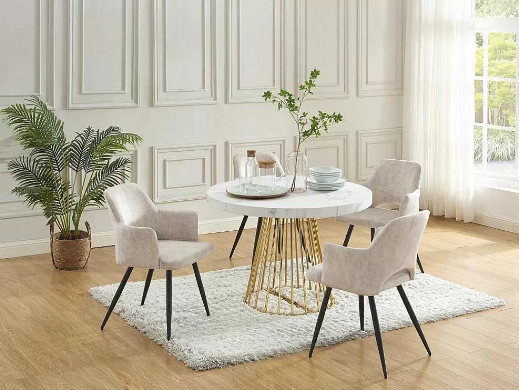 Mesa De Jantar*Vente-unique Mesa De Jantar Extensivel De 2 A 12 Lugares Em Mdf E Aco Efeito Marmore Branco E Dourado - Firela