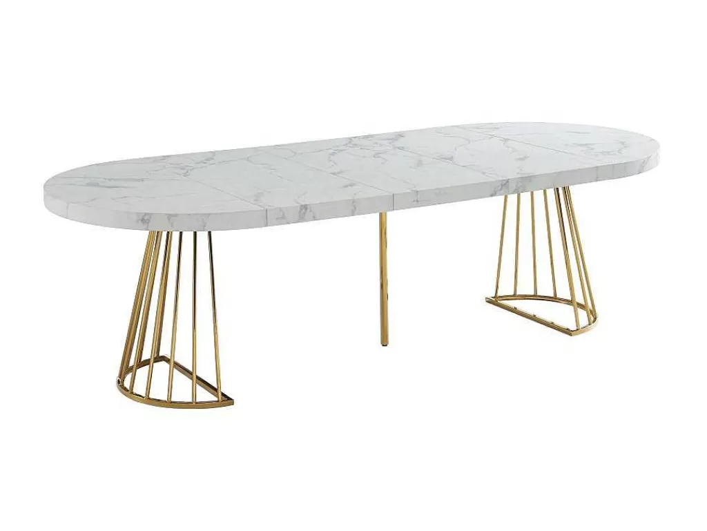 Mesa De Jantar*Vente-unique Mesa De Jantar Extensivel De 2 A 12 Lugares Em Mdf E Aco Efeito Marmore Branco E Dourado - Firela