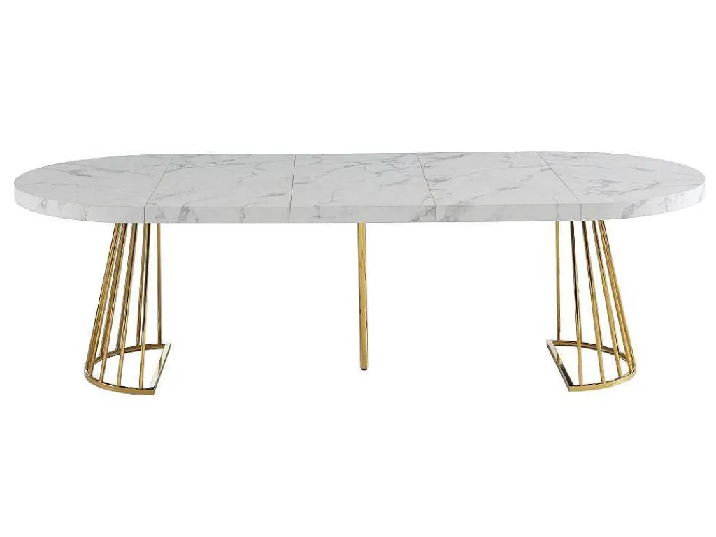 Mesa De Jantar*Vente-unique Mesa De Jantar Extensivel De 2 A 12 Lugares Em Mdf E Aco Efeito Marmore Branco E Dourado - Firela
