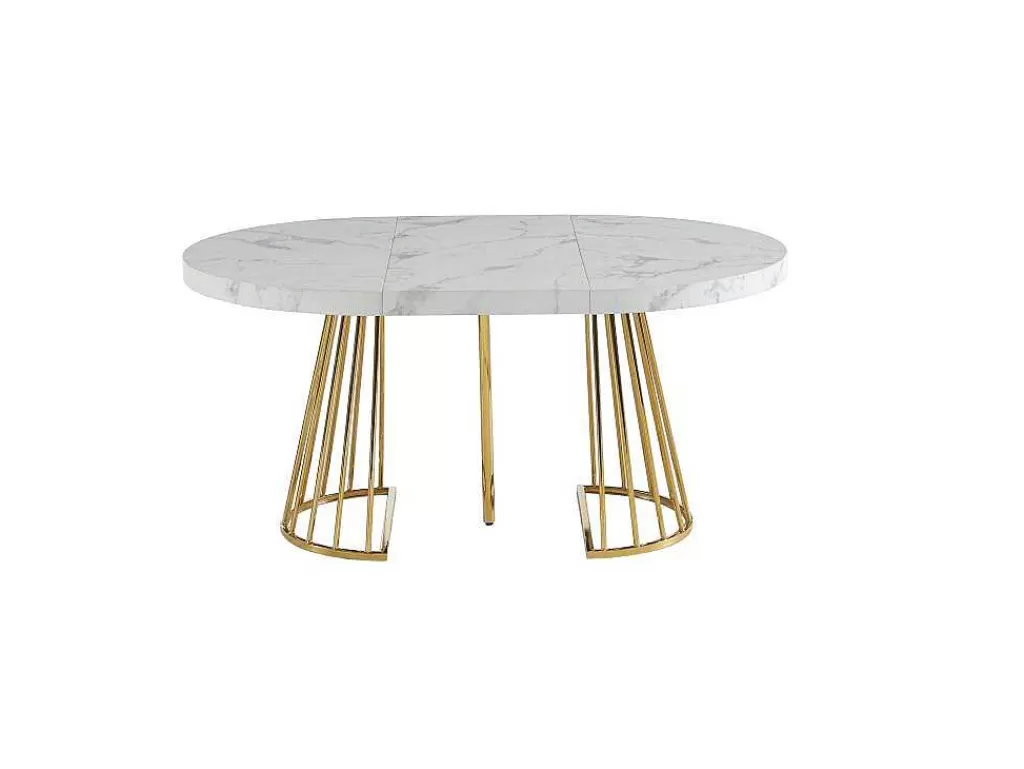 Mesa De Jantar*Vente-unique Mesa De Jantar Extensivel De 2 A 12 Lugares Em Mdf E Aco Efeito Marmore Branco E Dourado - Firela