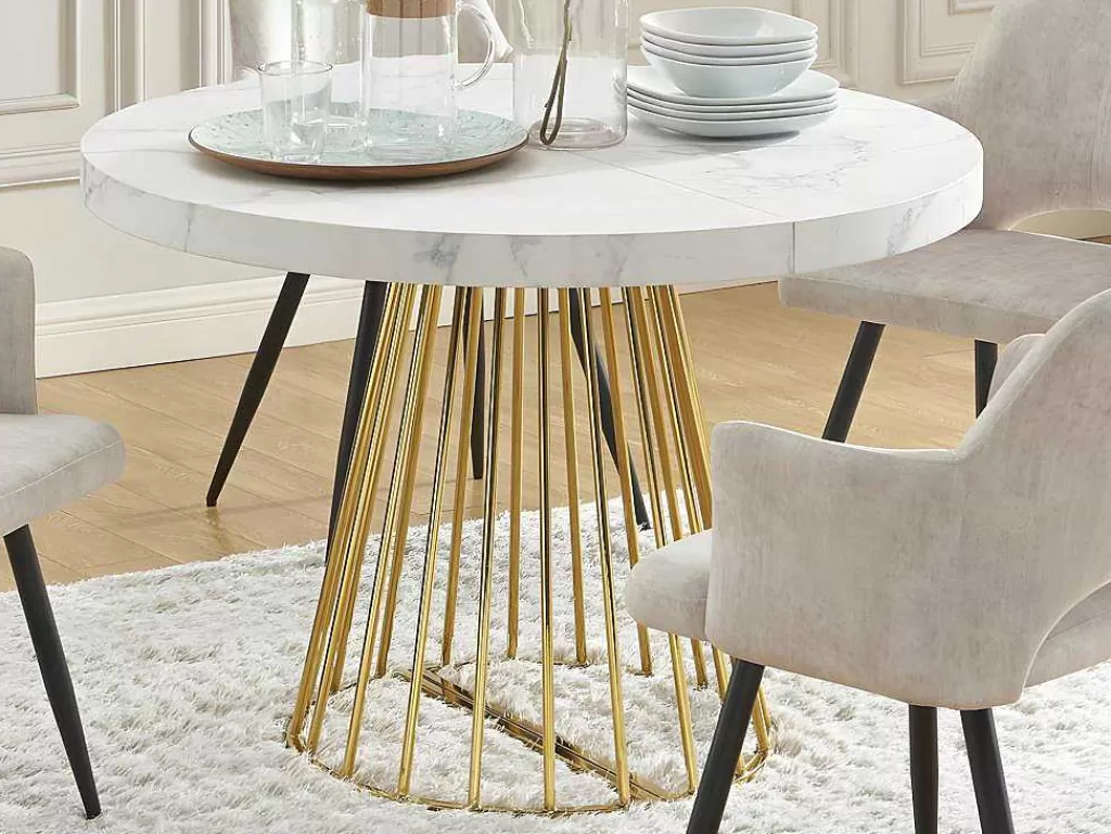 Mesa De Jantar*Vente-unique Mesa De Jantar Extensivel De 2 A 12 Lugares Em Mdf E Aco Efeito Marmore Branco E Dourado - Firela