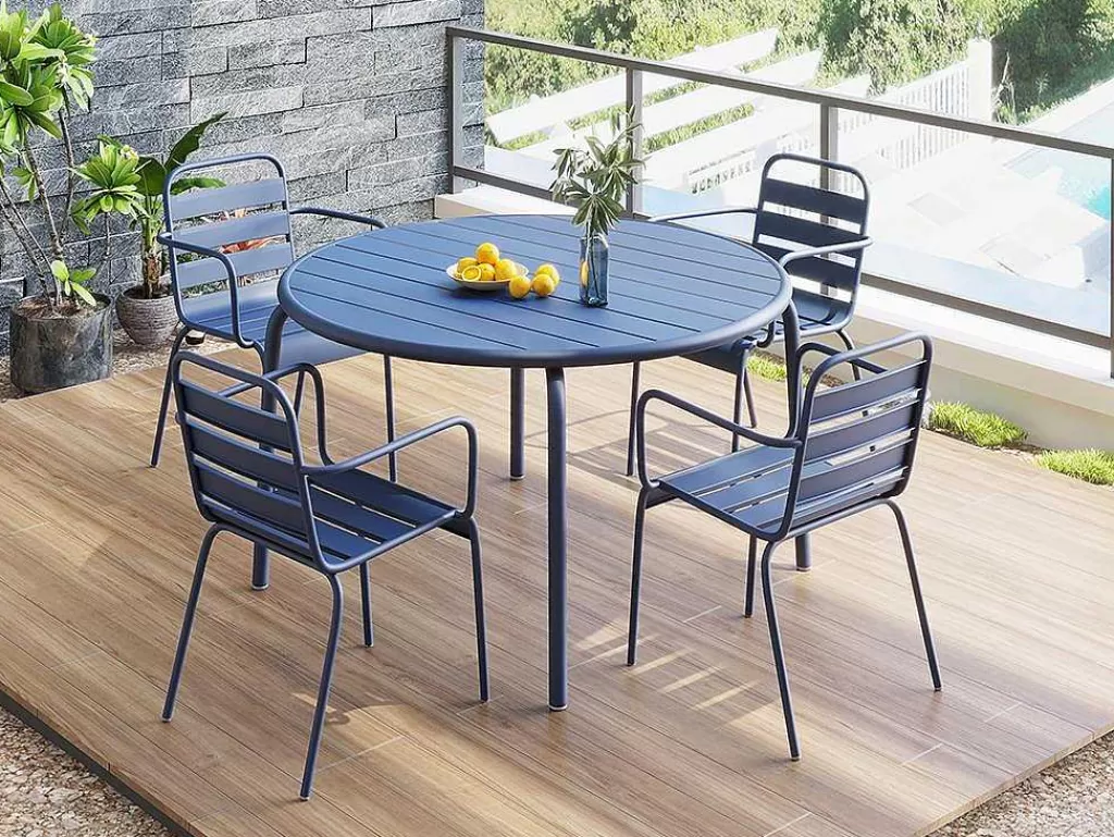 Conjunto Mesa E Cadeiras De Jardim*MYLIA Mesa Redonda De Jardim D. 110 Cm Em Metal Azul-Escuro - Mirmande
