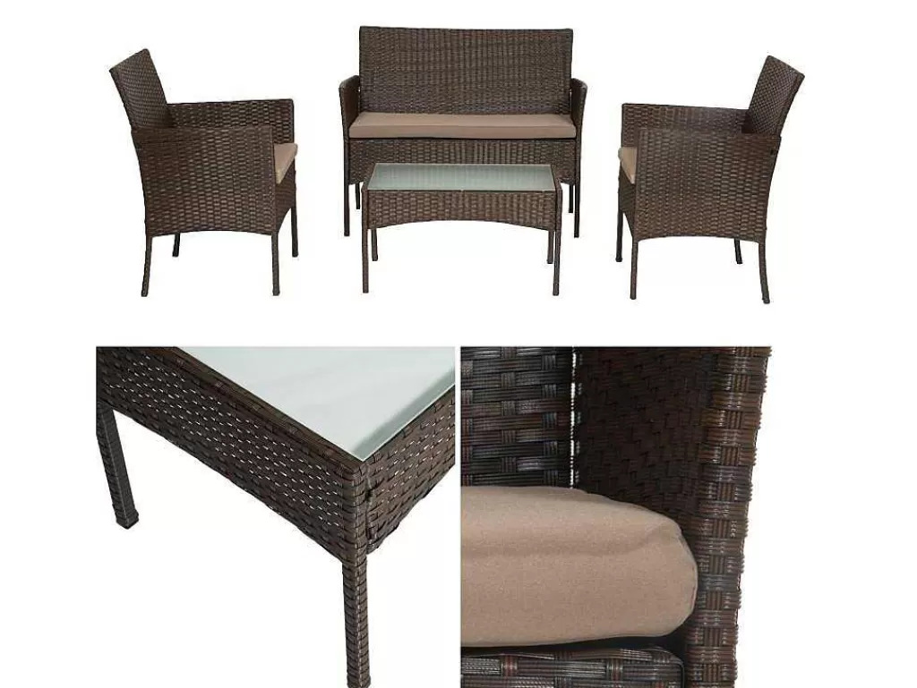 Conjunto Relax De Jardim*Happy Garden Mobiliário De Jardim Em Resina Tecida Castanha Cordoue 4 Lugares - Almofadas Em Fita