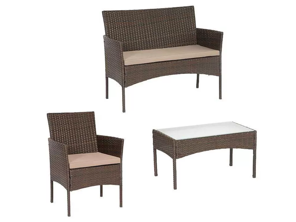 Conjunto Relax De Jardim*Happy Garden Mobiliário De Jardim Em Resina Tecida Castanha Cordoue 4 Lugares - Almofadas Em Fita
