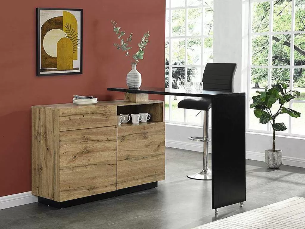 Móvel De Bar*Vente-unique Móvel De Bar Giratorio Com 2 Portas, 1 Gaveta E 1 Nicho Em Mdf Cor Carvalho E Preto - Eldir