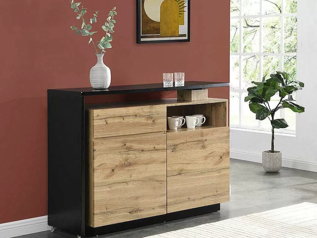 Móvel De Bar*Vente-unique Móvel De Bar Giratorio Com 2 Portas, 1 Gaveta E 1 Nicho Em Mdf Cor Carvalho E Preto - Eldir
