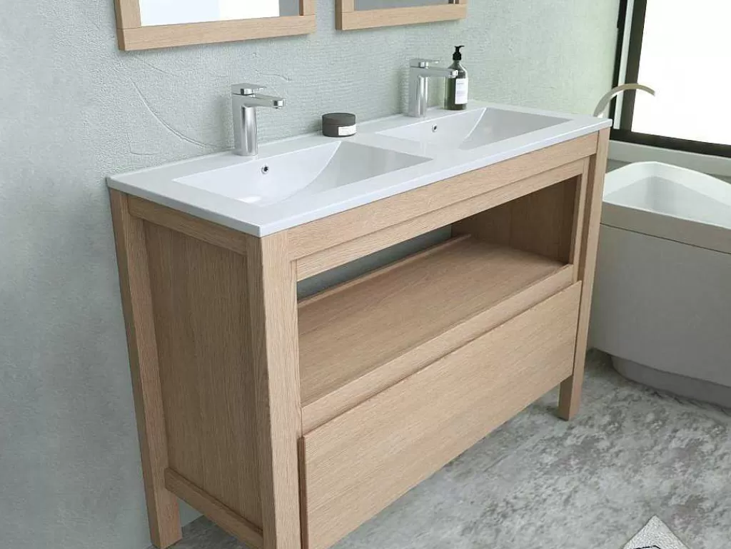 Móvel Lavatório Duplo*Vente-unique Móvel De Casa De Banho Com Lavatório De Encastrar, Folha De Carvalho, 120 Cm - Cosmoti