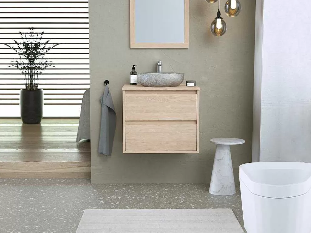 Móvel Lavatório Individual*Vente-unique Móvel De Casa De Banho Com Lavatório De Pedra Instalacao Suspensa, Folha De Carvalho, 60 Cm - Milipam