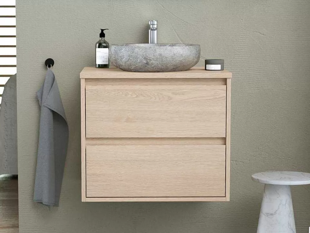 Móvel Lavatório Individual*Vente-unique Móvel De Casa De Banho Com Lavatório De Pedra Instalacao Suspensa, Folha De Carvalho, 60 Cm - Milipam
