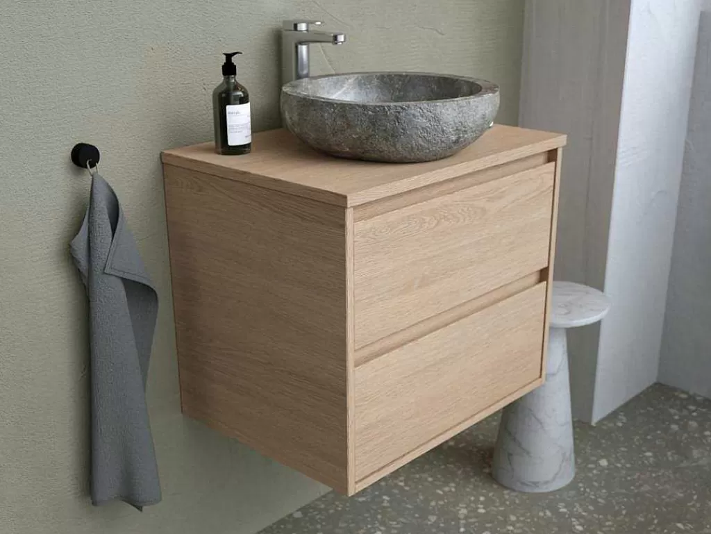 Móvel Lavatório Individual*Vente-unique Móvel De Casa De Banho Com Lavatório De Pedra Instalacao Suspensa, Folha De Carvalho, 60 Cm - Milipam