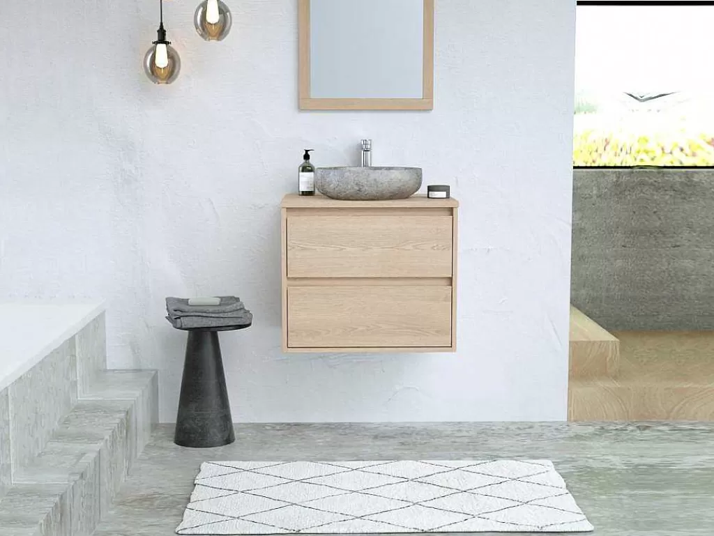 Móvel Lavatório Individual*Vente-unique Móvel De Casa De Banho Com Lavatório De Pedra Instalacao Suspensa, Folha De Carvalho, 60 Cm - Milipam
