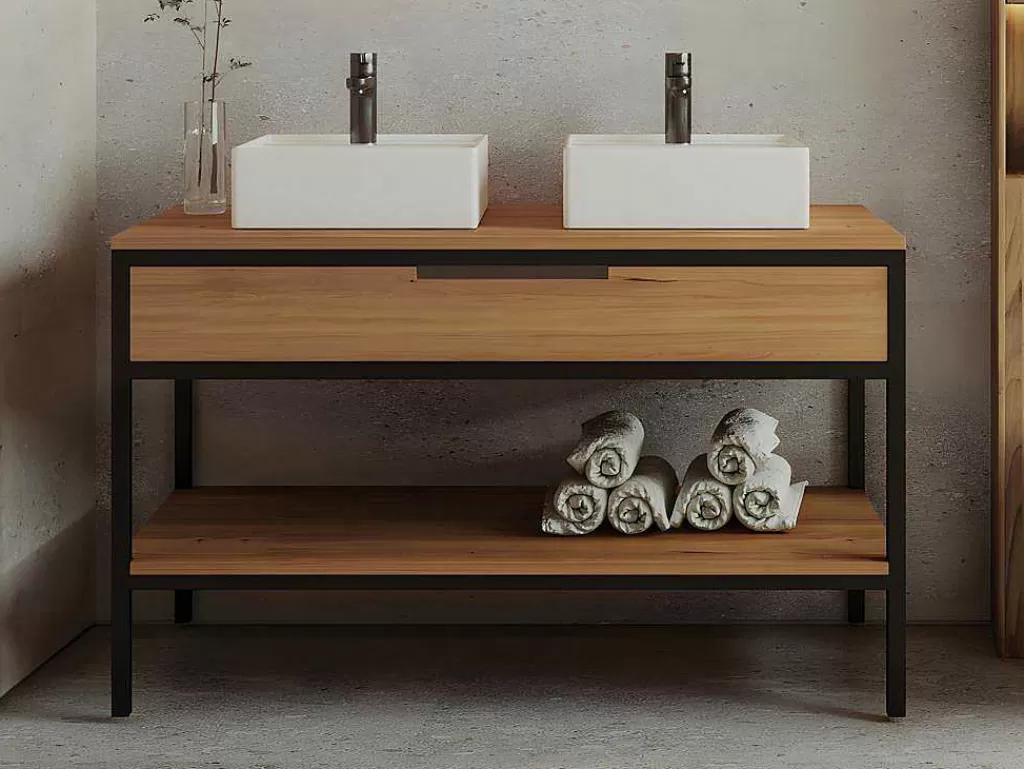 Móvel Lavatório Duplo*Vente-unique Móvel De Casa De Banho Em Teca Clara E Metal Com Lavatório Duplo 120 Cm - Tukad