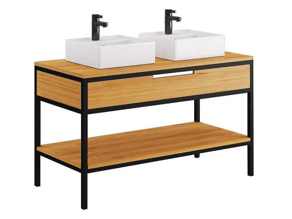 Móvel Lavatório Duplo*Vente-unique Móvel De Casa De Banho Em Teca Clara E Metal Com Lavatório Duplo 120 Cm - Tukad