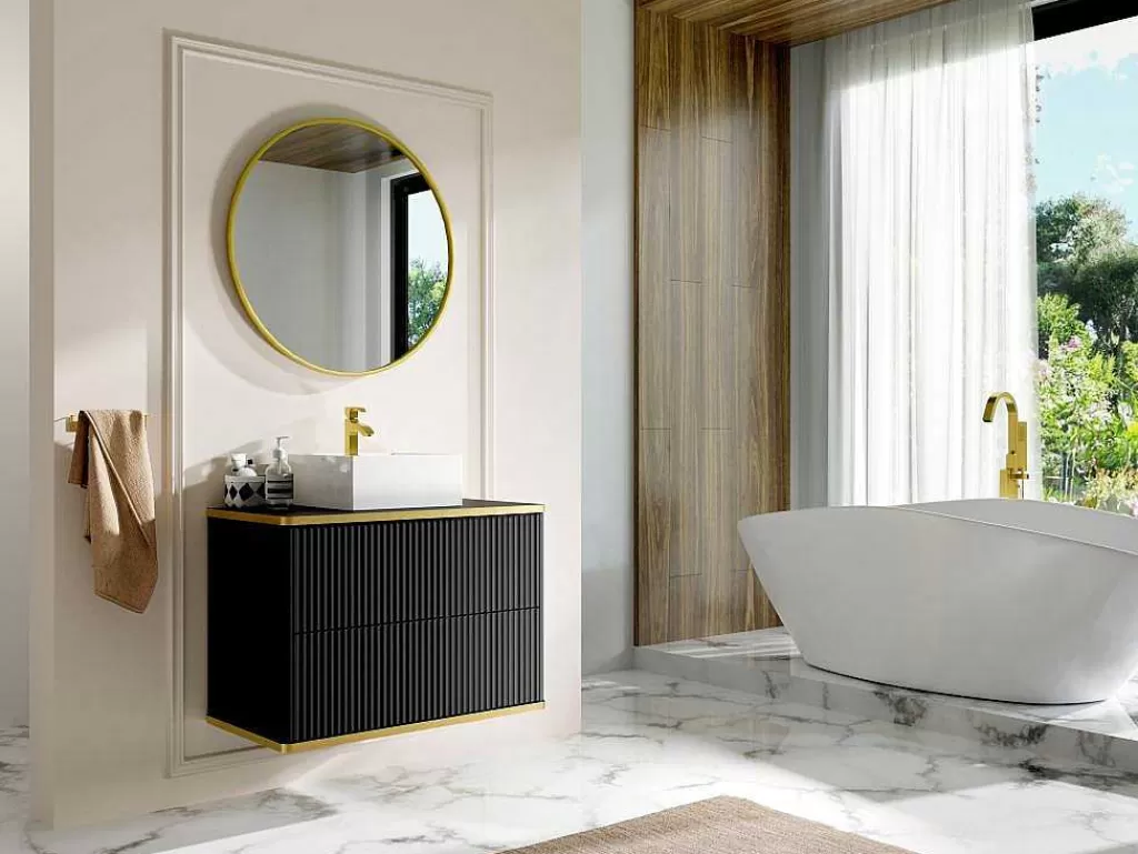 Promoções Casa De Banho & Bem-Estar*Vente-unique Móvel De Casa De Banho Para Colocar Sob O Lavatório Estriado Rebordo Dourado, Cor Preta C80 Cm - Keliza