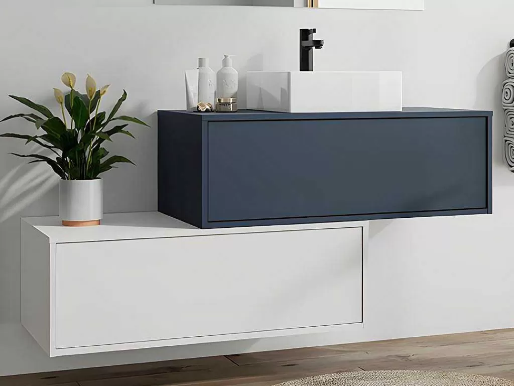 Móvel Lavatório Individual*Vente-unique Móvel De Casa De Banho Suspenso Azul-Escuro E Branco Lavatório Individual E Duas Gavetas - Teana Ii