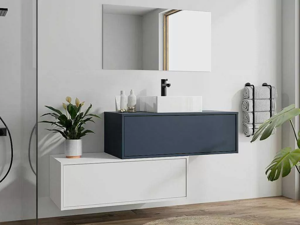 Móvel Lavatório Individual*Vente-unique Móvel De Casa De Banho Suspenso Azul-Escuro E Branco Lavatório Individual E Duas Gavetas - Teana Ii