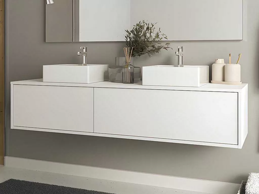 Móvel Lavatório Duplo*Vente-unique Móvel De Casa De Banho Suspenso Branco Com Lavatório Duplo C150 Cm - Isaure Ii